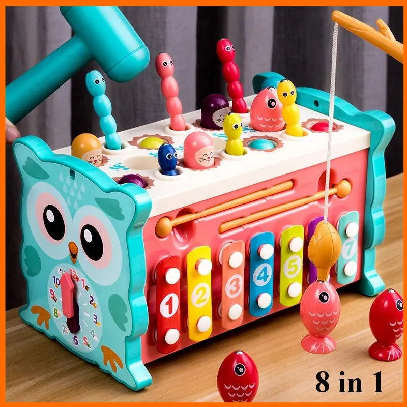 Montessori Owl Activity Cube – Magnetic Fishing, Clock & Hammer Music Puzzle