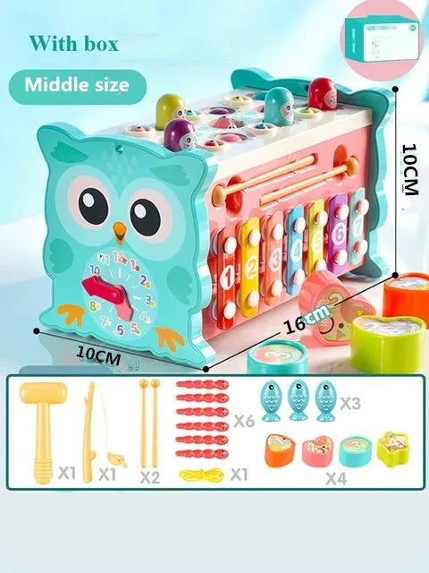 Montessori Owl Activity Cube – Magnetic Fishing, Clock & Hammer Music Puzzle